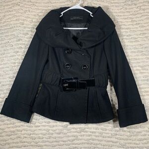 Black double breasted pea coat medium zara classic chic modern preppy cowl neck